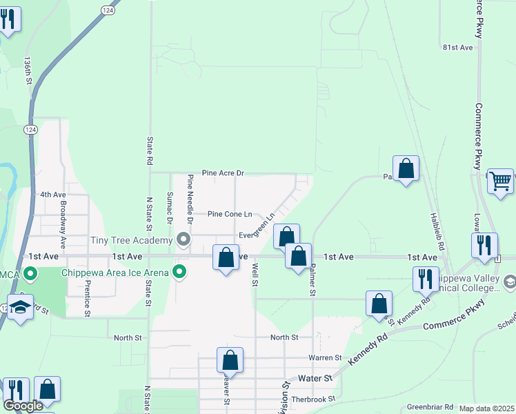map of restaurants, bars, coffee shops, grocery stores, and more near 1040 Pine Cone Lane in Chippewa Falls