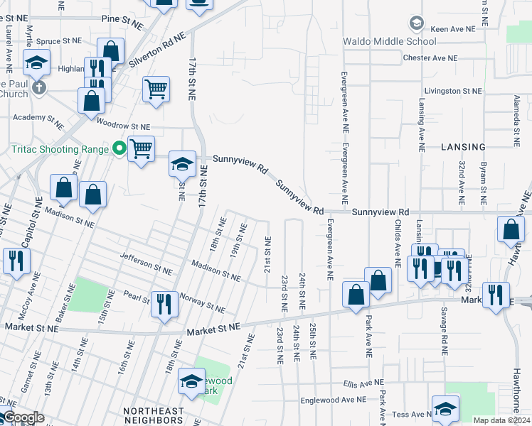 map of restaurants, bars, coffee shops, grocery stores, and more near 1960 Garfield Street Northeast in Salem