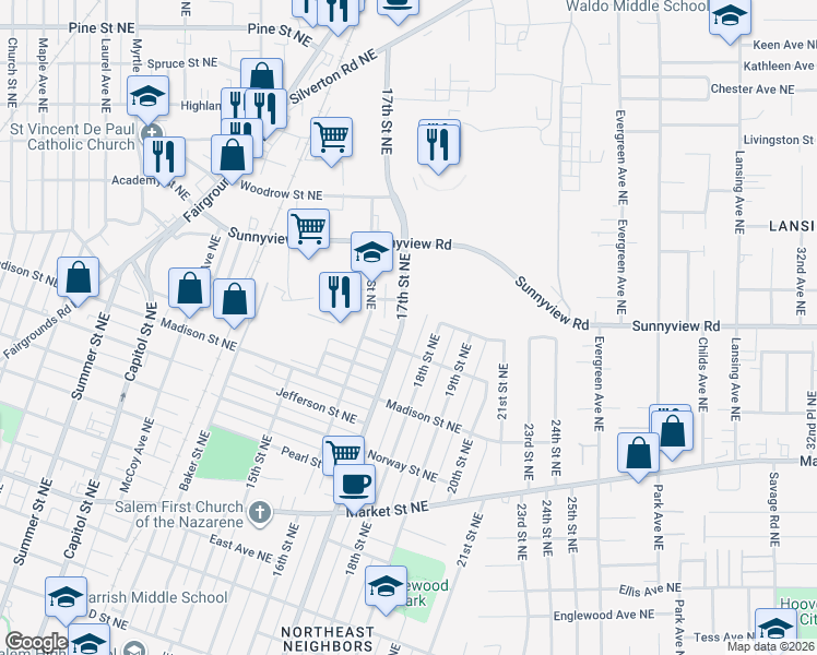 map of restaurants, bars, coffee shops, grocery stores, and more near 1745 Grant Street Northeast in Salem