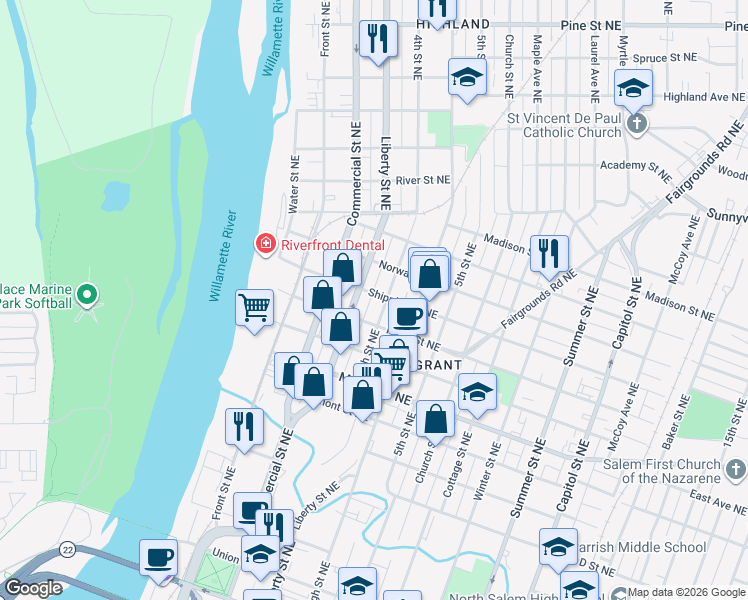 map of restaurants, bars, coffee shops, grocery stores, and more near 1430 4th Street Northeast in Salem