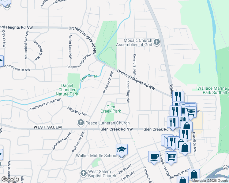 map of restaurants, bars, coffee shops, grocery stores, and more near 1070 Larkspur Lane Northwest in Salem
