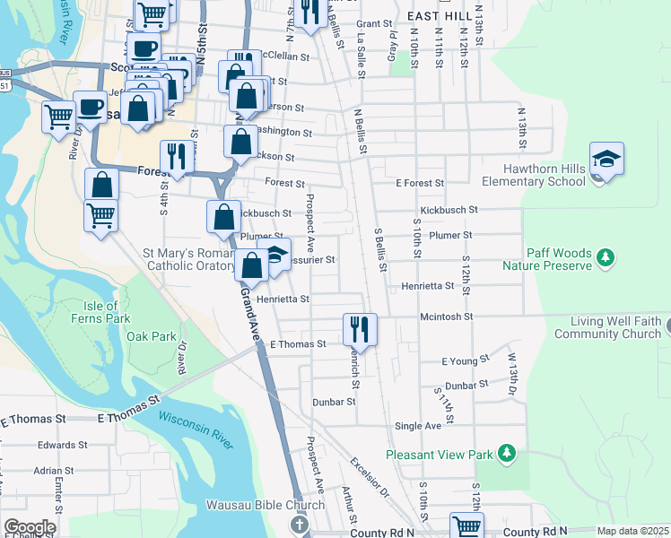 map of restaurants, bars, coffee shops, grocery stores, and more near 818 Henrietta Street in Wausau