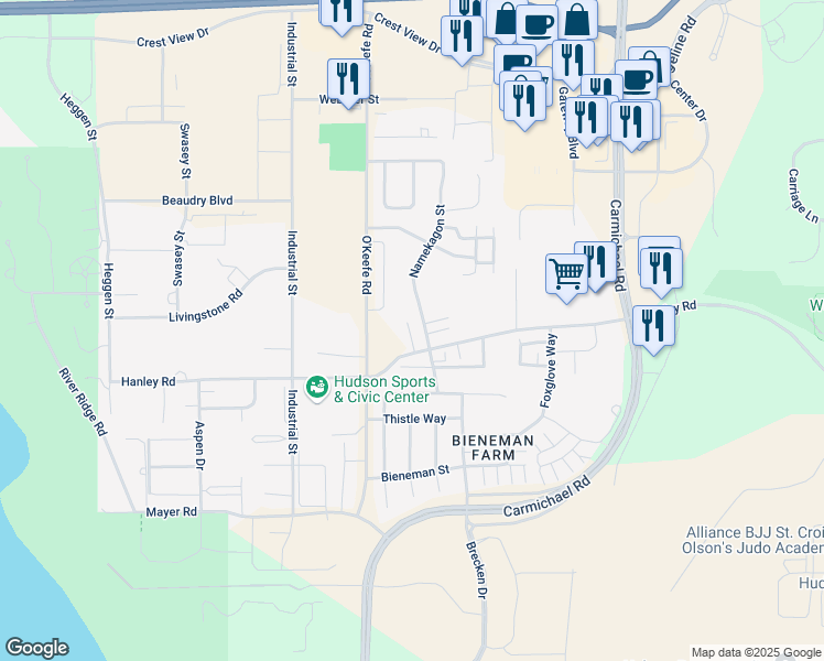 map of restaurants, bars, coffee shops, grocery stores, and more near 1551 Namekagon Street in Hudson