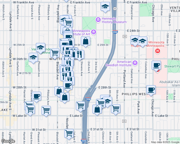 map of restaurants, bars, coffee shops, grocery stores, and more near 139 East 27th Street in Minneapolis