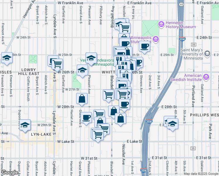 map of restaurants, bars, coffee shops, grocery stores, and more near 115 West 27th Street in Minneapolis