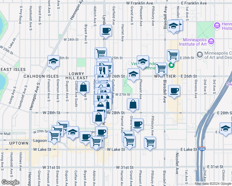 map of restaurants, bars, coffee shops, grocery stores, and more near 519 West 27th Street in Minneapolis