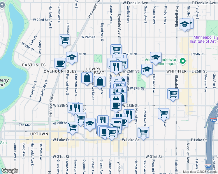 map of restaurants, bars, coffee shops, grocery stores, and more near 2700 Aldrich Avenue South in Minneapolis