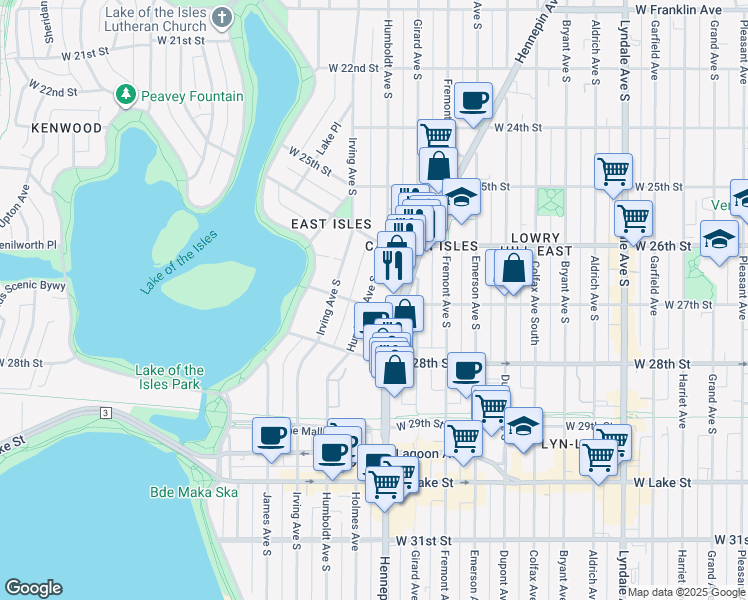 map of restaurants, bars, coffee shops, grocery stores, and more near 1419 West 27th Street in Minneapolis