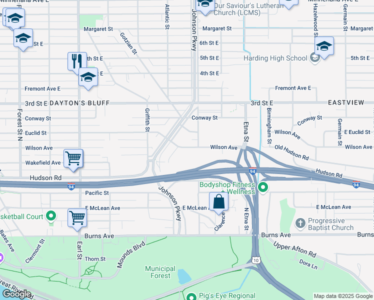 map of restaurants, bars, coffee shops, grocery stores, and more near 1276 Wilson Avenue in Saint Paul