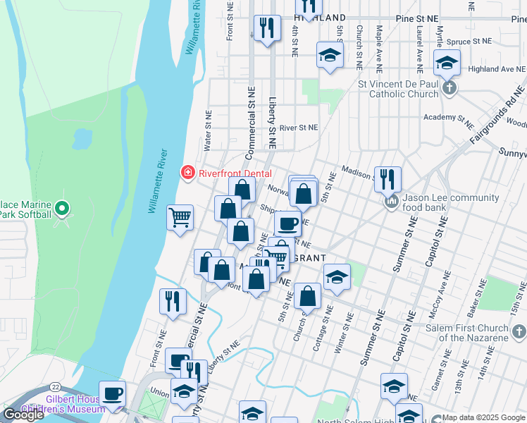 map of restaurants, bars, coffee shops, grocery stores, and more near 1430 4th Street Northeast in Salem