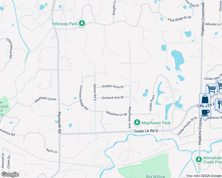 map of restaurants, bars, coffee shops, grocery stores, and more near 12116 Orchard Avenue West in Hopkins