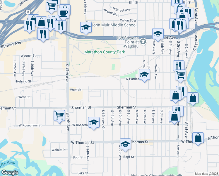 map of restaurants, bars, coffee shops, grocery stores, and more near 1015 West Street in Wausau