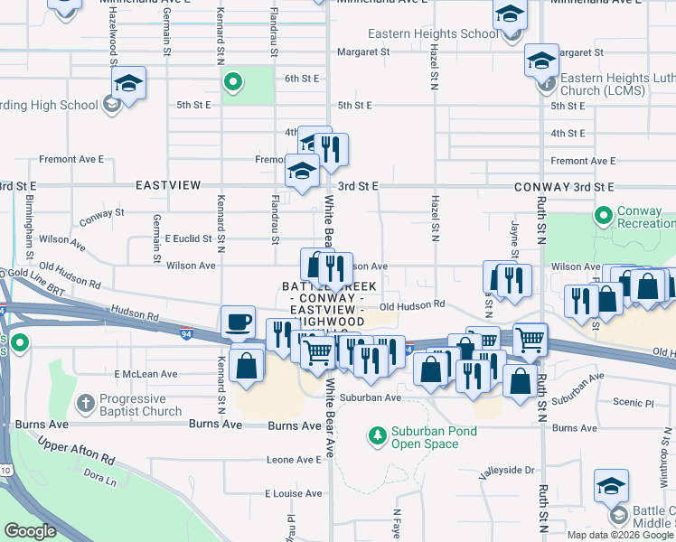 map of restaurants, bars, coffee shops, grocery stores, and more near 401 White Bear Avenue in Saint Paul