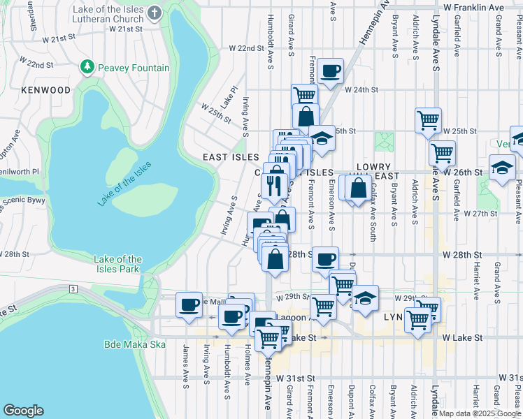 map of restaurants, bars, coffee shops, grocery stores, and more near 1419 West 27th Street in Minneapolis