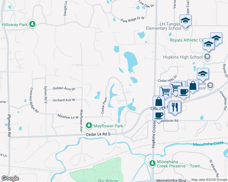 map of restaurants, bars, coffee shops, grocery stores, and more near 11472 Telluride Trail in Hopkins