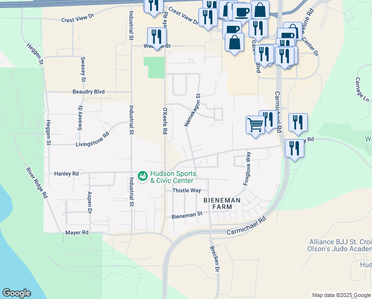 map of restaurants, bars, coffee shops, grocery stores, and more near 1551 Namekagon Street in Hudson