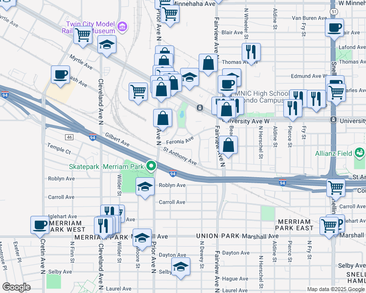 map of restaurants, bars, coffee shops, grocery stores, and more near 1895 Saint Anthony Avenue in Saint Paul