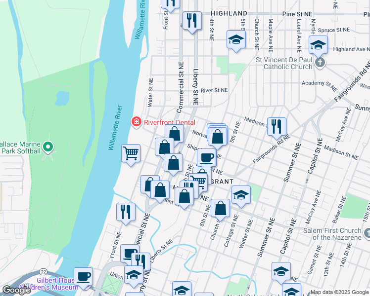 map of restaurants, bars, coffee shops, grocery stores, and more near 1406 Liberty Street Northeast in Salem