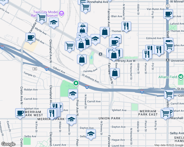 map of restaurants, bars, coffee shops, grocery stores, and more near 1895 Saint Anthony Avenue in Saint Paul