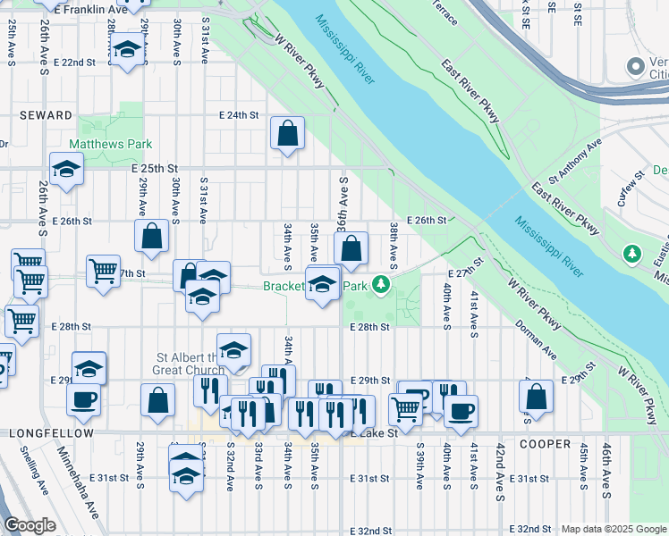 map of restaurants, bars, coffee shops, grocery stores, and more near 3525 East 27th Street in Minneapolis