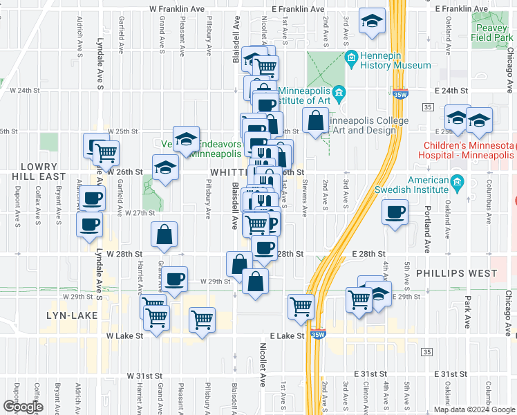 map of restaurants, bars, coffee shops, grocery stores, and more near 2707 Nicollet Avenue in Minneapolis