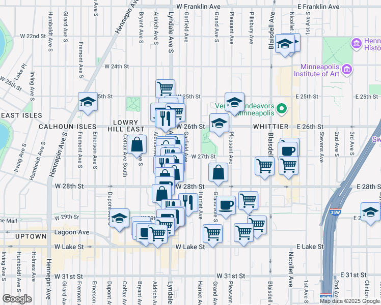 map of restaurants, bars, coffee shops, grocery stores, and more near 519 West 27th Street in Minneapolis