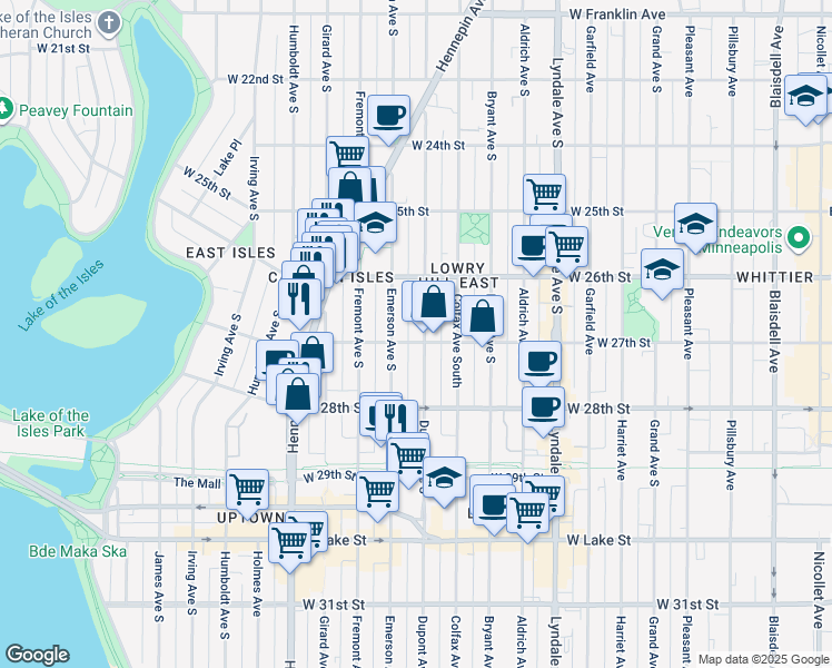 map of restaurants, bars, coffee shops, grocery stores, and more near 2709 Emerson Avenue South in Minneapolis