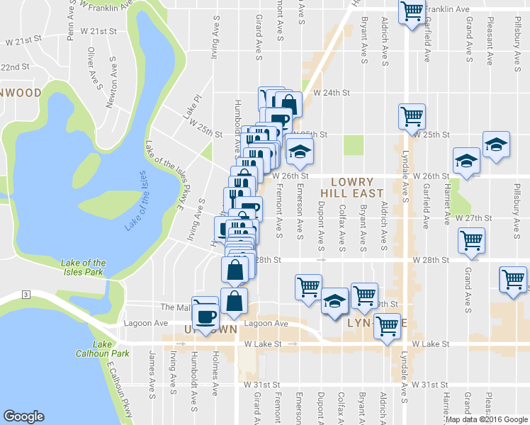 map of restaurants, bars, coffee shops, grocery stores, and more near in Minneapolis