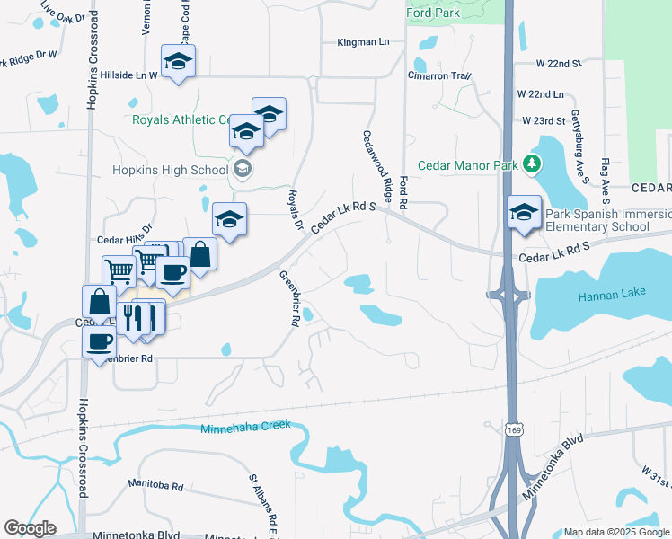 map of restaurants, bars, coffee shops, grocery stores, and more near 10311 Cedar Lake Road in Minnetonka