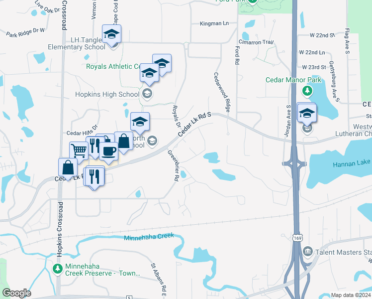 map of restaurants, bars, coffee shops, grocery stores, and more near 10311 Cedar Lake Road South in Hopkins