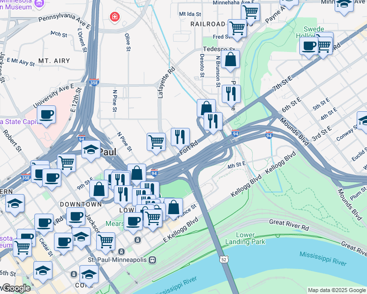 map of restaurants, bars, coffee shops, grocery stores, and more near in Saint Paul