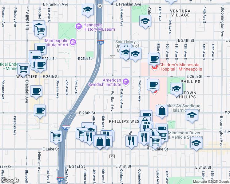 map of restaurants, bars, coffee shops, grocery stores, and more near 2653 Portland Avenue in Minneapolis