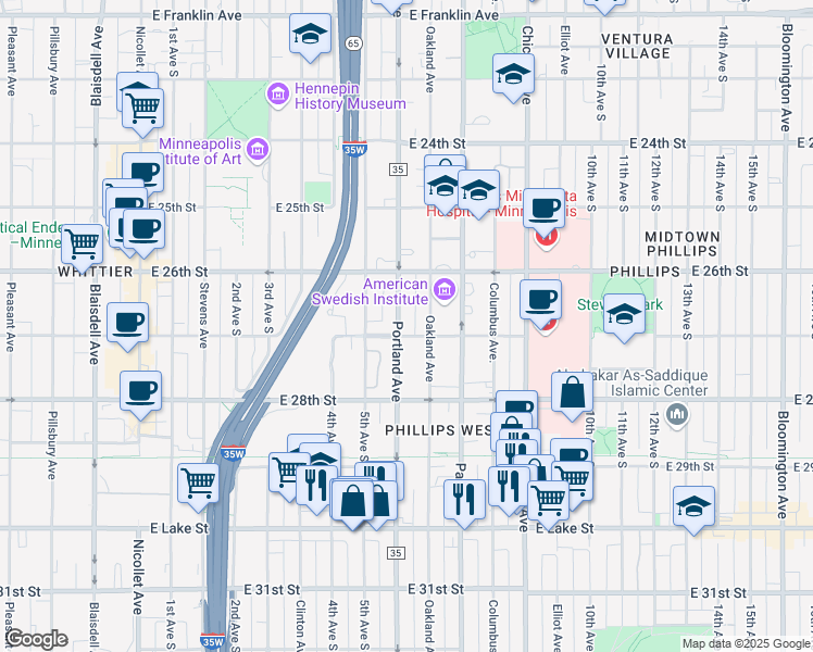 map of restaurants, bars, coffee shops, grocery stores, and more near 2653 Portland Avenue in Minneapolis
