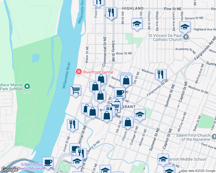 map of restaurants, bars, coffee shops, grocery stores, and more near 328 Shipping Street Northeast in Salem