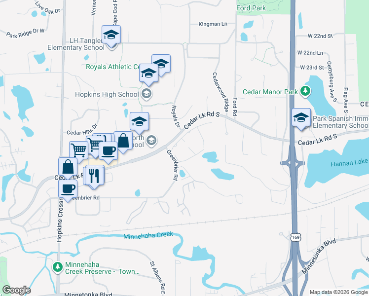 map of restaurants, bars, coffee shops, grocery stores, and more near 10311 Cedar Lake Road South in Hopkins