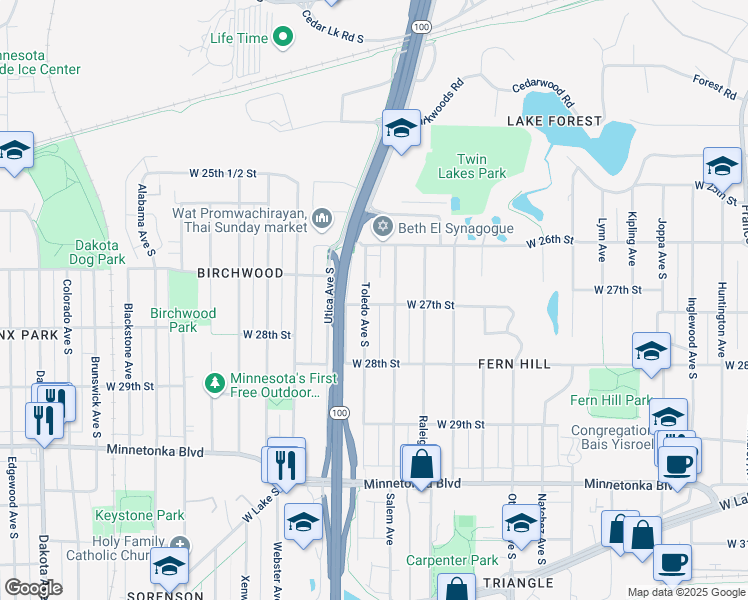 map of restaurants, bars, coffee shops, grocery stores, and more near 2709 Toledo Avenue South in Minneapolis