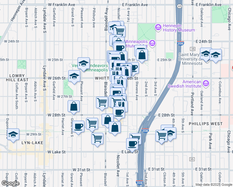 map of restaurants, bars, coffee shops, grocery stores, and more near 2640 Nicollet Avenue in Minneapolis