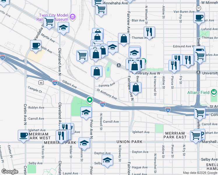 map of restaurants, bars, coffee shops, grocery stores, and more near 1910 Feronia Avenue in Saint Paul