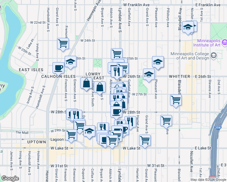 map of restaurants, bars, coffee shops, grocery stores, and more near 2700 Aldrich Avenue South in Minneapolis