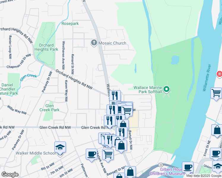map of restaurants, bars, coffee shops, grocery stores, and more near 1324 Wallace Road Northwest in Salem