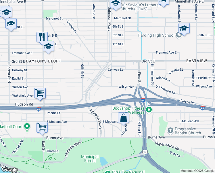 map of restaurants, bars, coffee shops, grocery stores, and more near 1276 Wilson Avenue in Saint Paul