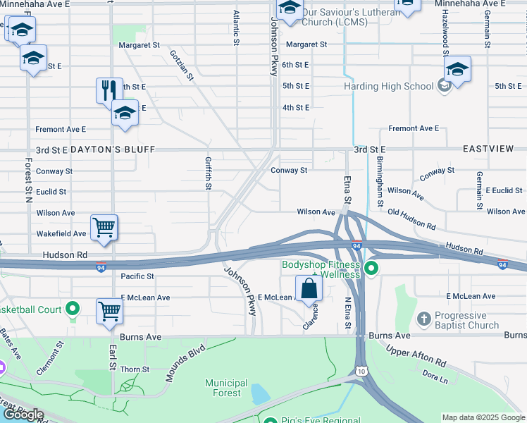 map of restaurants, bars, coffee shops, grocery stores, and more near 1276 Wilson Avenue in Saint Paul