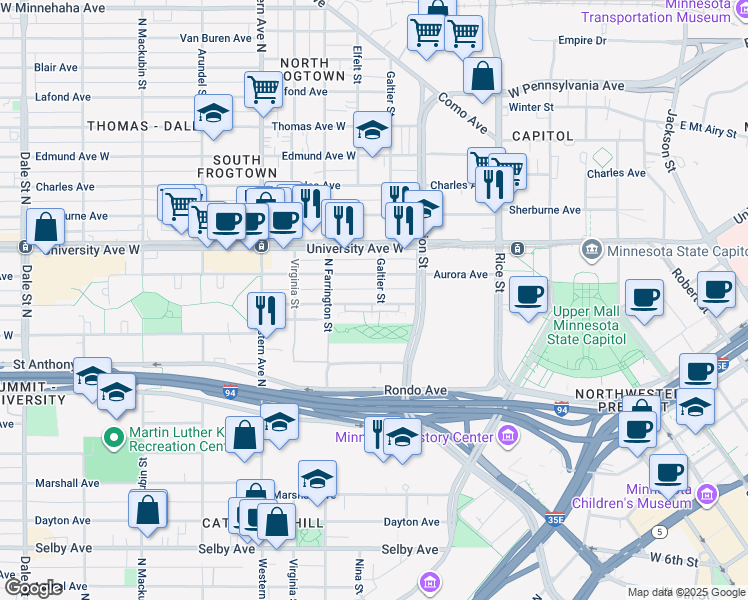 map of restaurants, bars, coffee shops, grocery stores, and more near 250 West Fuller Avenue in Saint Paul