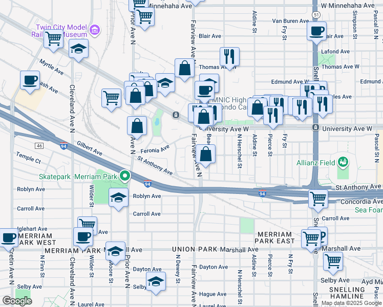 map of restaurants, bars, coffee shops, grocery stores, and more near 401 Fairview Avenue North in Saint Paul