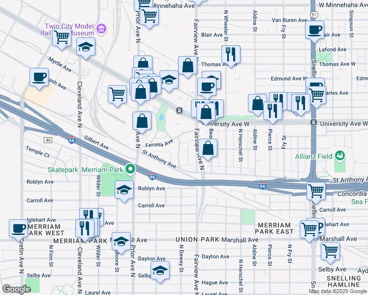 map of restaurants, bars, coffee shops, grocery stores, and more near 400 North Dewey Street in Saint Paul