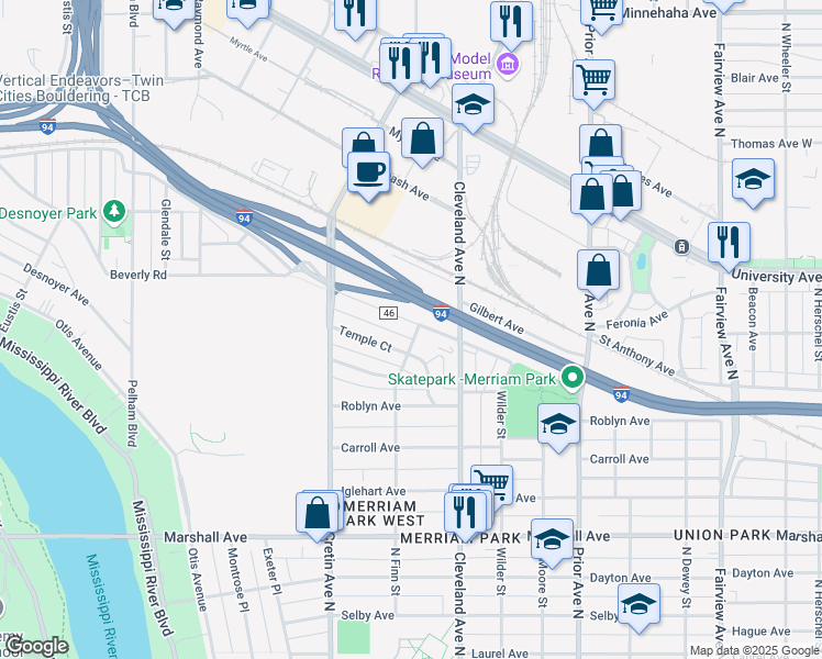 map of restaurants, bars, coffee shops, grocery stores, and more near 2076 Saint Anthony Avenue in Saint Paul