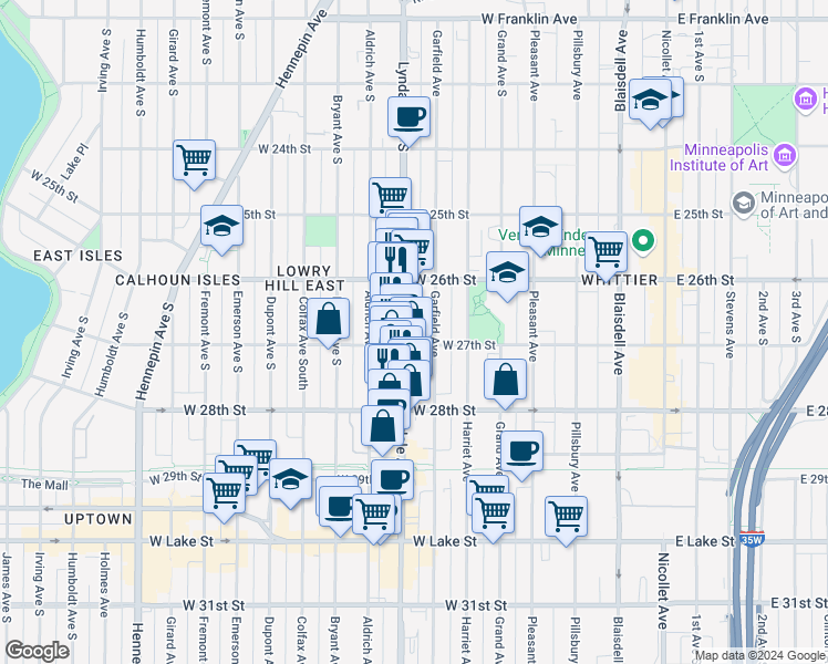 map of restaurants, bars, coffee shops, grocery stores, and more near 2705 Lyndale Avenue South in Minneapolis