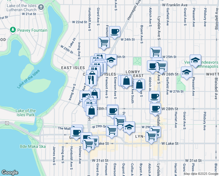 map of restaurants, bars, coffee shops, grocery stores, and more near in Minneapolis