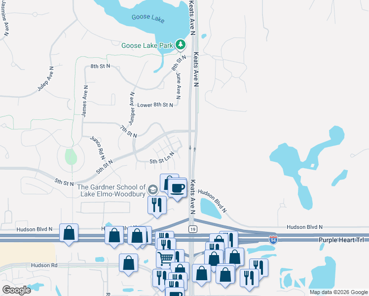 map of restaurants, bars, coffee shops, grocery stores, and more near 9956 5th Street Lane North in Lake Elmo