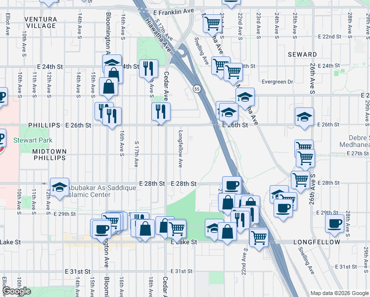 map of restaurants, bars, coffee shops, grocery stores, and more near East 27th Street in Minneapolis